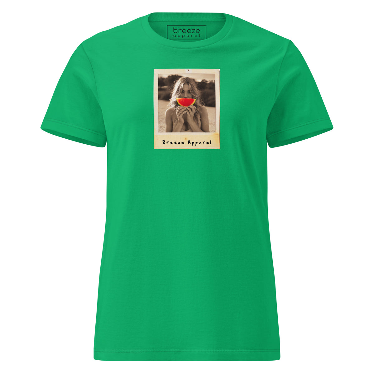 Green t-shirt with graphic of woman holding watermelon slice in front of her mouth.