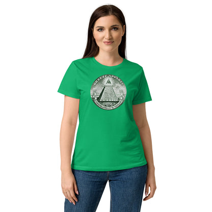 Woman wearing green t-shirt with graphic resembling pyramid from US one-dollar bill.
