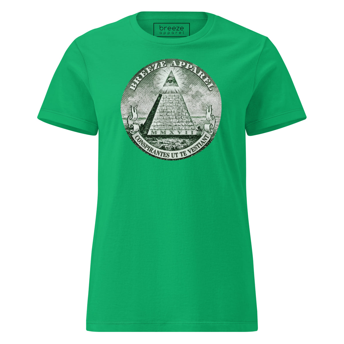 Green t-shirt with graphic resembling pyramid from US one-dollar bill.