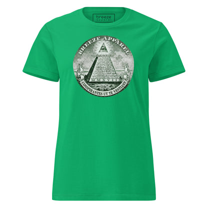 Green t-shirt with graphic resembling pyramid from US one-dollar bill.