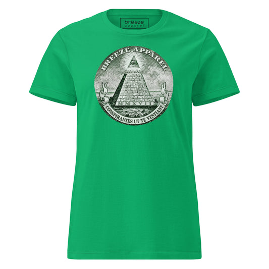Green t-shirt with graphic resembling pyramid from US one-dollar bill.