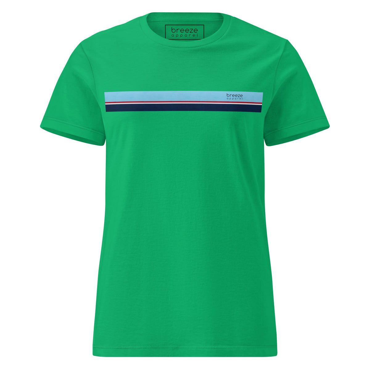 Green t-shirt with stripe that is light blue, red, white, and navy across chest.