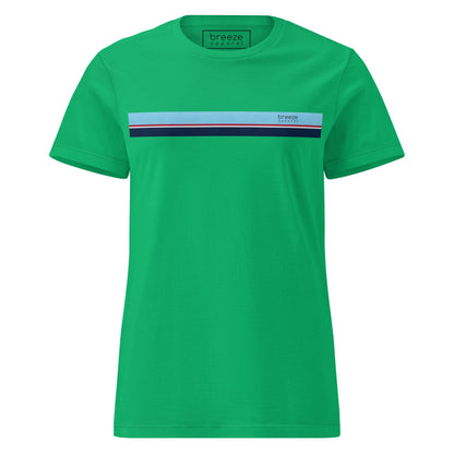 Green t-shirt with stripe that is light blue, red, white, and navy across chest.