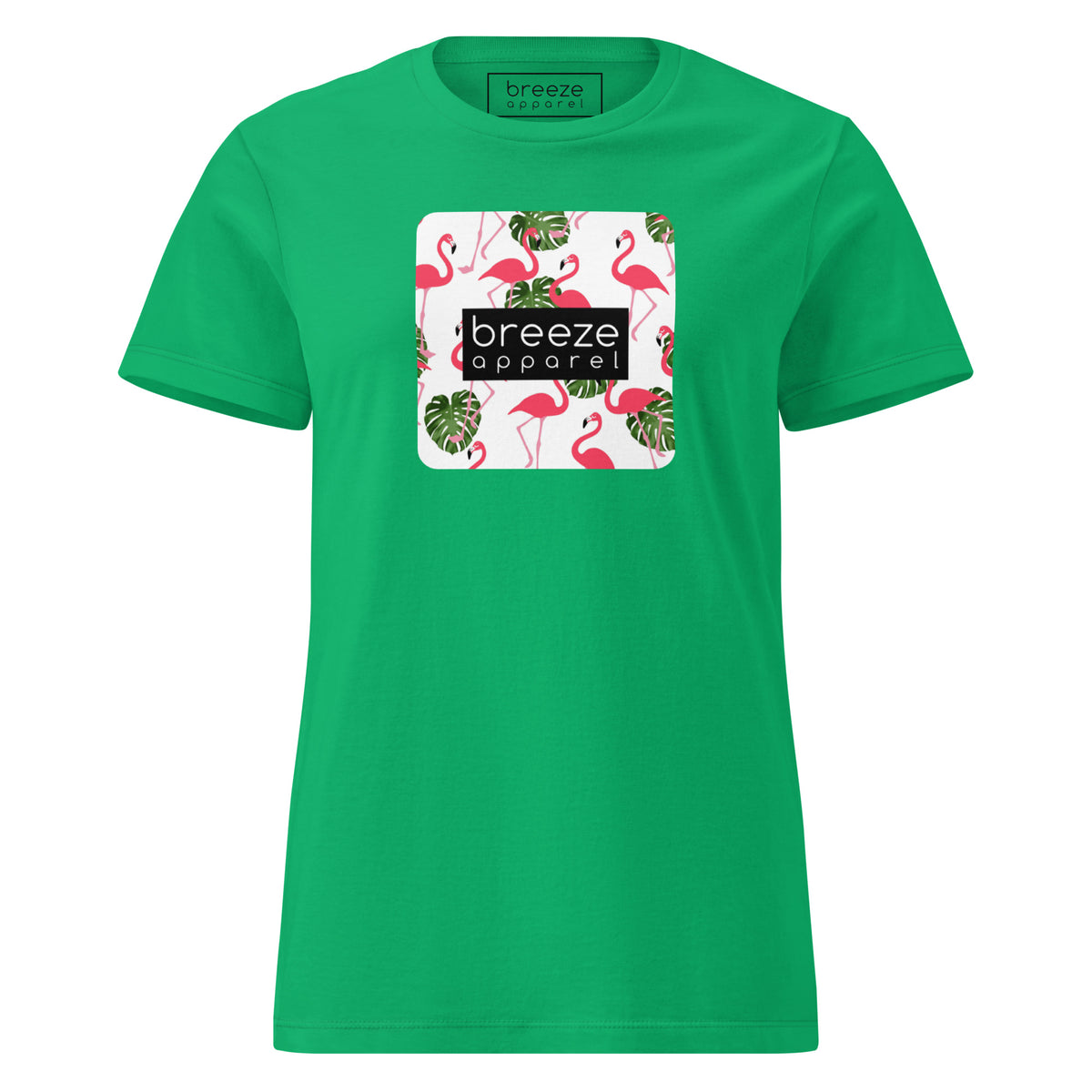 Green t-shirt with graphic of flamingos overlaid with a black logo.