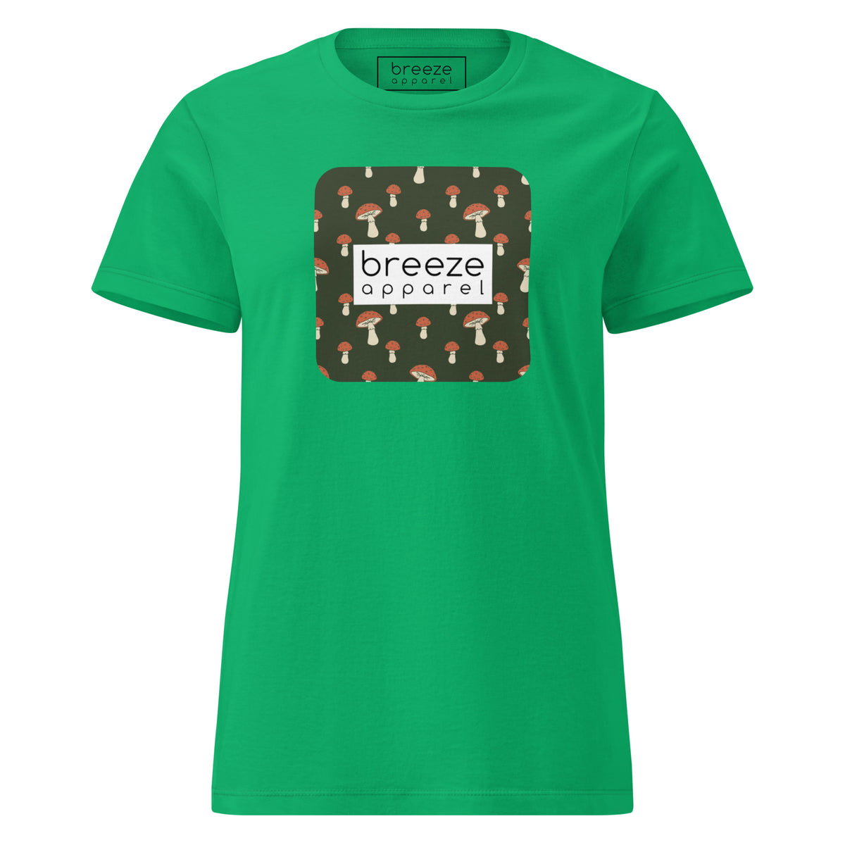 Green t-shirt with graphic of mushroom pattern set on a green background, overlaid with a white box with 'breeze apparel' in black inside.