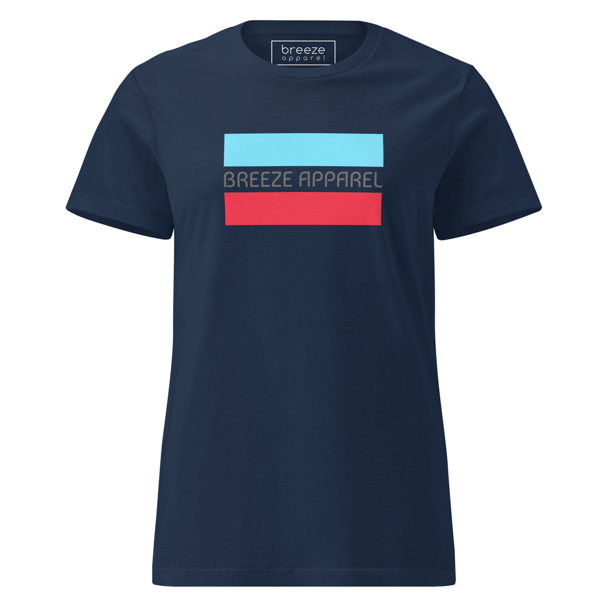 Navy t-shirt with gray 'Breeze Apparel' logo between horizontal bars, the top being light blue and the bottom being red.