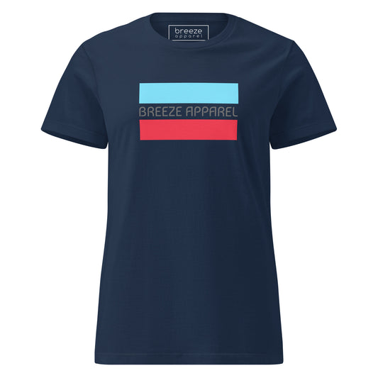 Navy t-shirt with gray 'Breeze Apparel' logo between horizontal bars, the top being light blue and the bottom being red.