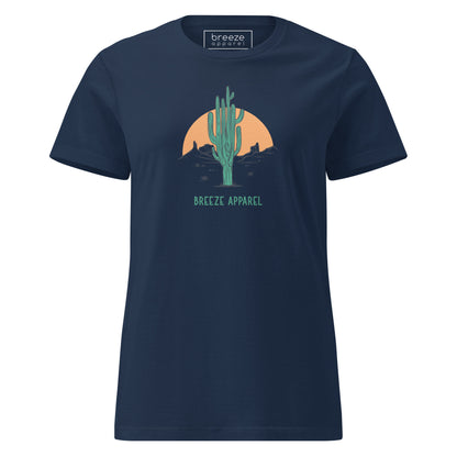 Navy t-shirt with a graphic of a cactus and sunset, with 'Breeze Apparel' written in green below.