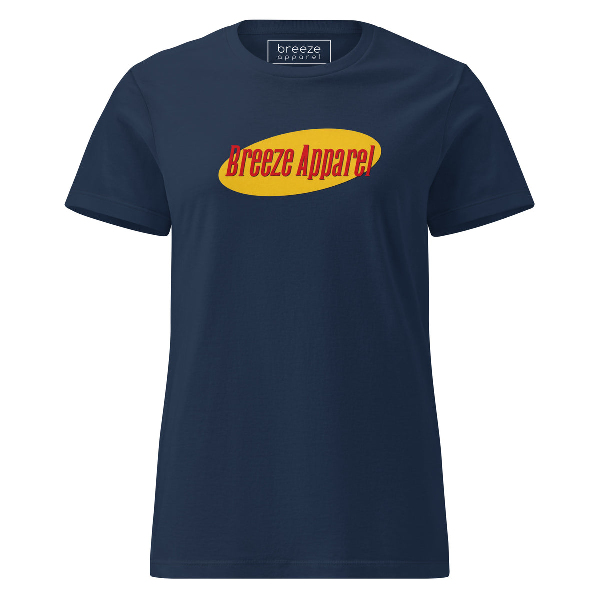 Navy t-shirt with red lettering over yellow oval.