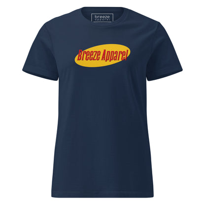 Navy t-shirt with red lettering over yellow oval.