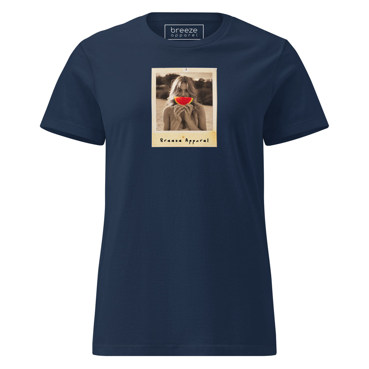 Navy t-shirt with graphic of woman holding watermelon slice in front of her mouth.