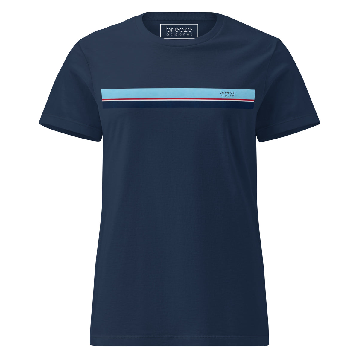 Navy t-shirt with stripe that is light blue, red, white, and navy across chest.