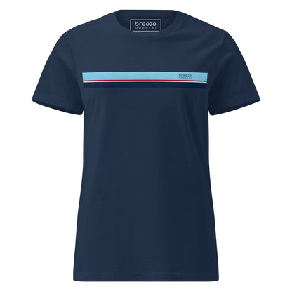 Navy t-shirt with stripe that is light blue, red, white, and navy across chest.