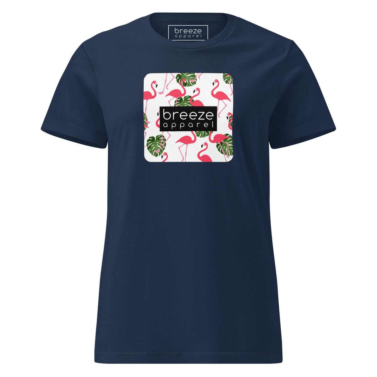 Navy t-shirt with graphic of flamingos overlaid with a black logo.