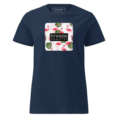 Navy t-shirt with graphic of flamingos overlaid with a black logo.