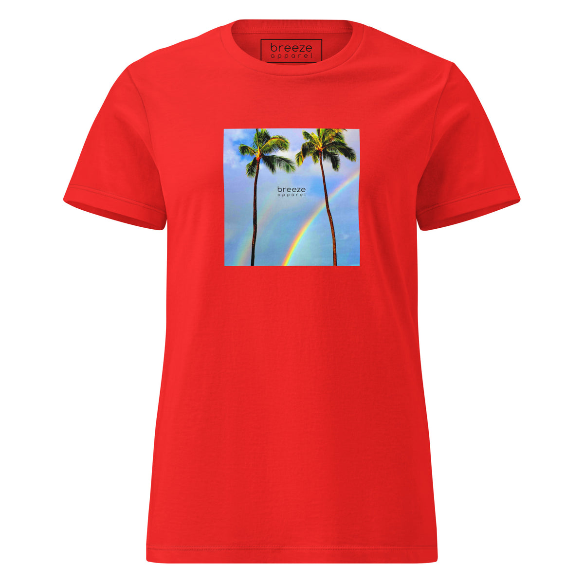 Red t-shirt with a graphic of palm trees, rainbow, and a clear blue sky in the background. A small, black 'breeze apparel' logo is between the trees. 