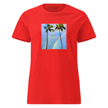 Red t-shirt with a graphic of palm trees, rainbow, and a clear blue sky in the background. A small, black 'breeze apparel' logo is between the trees. 