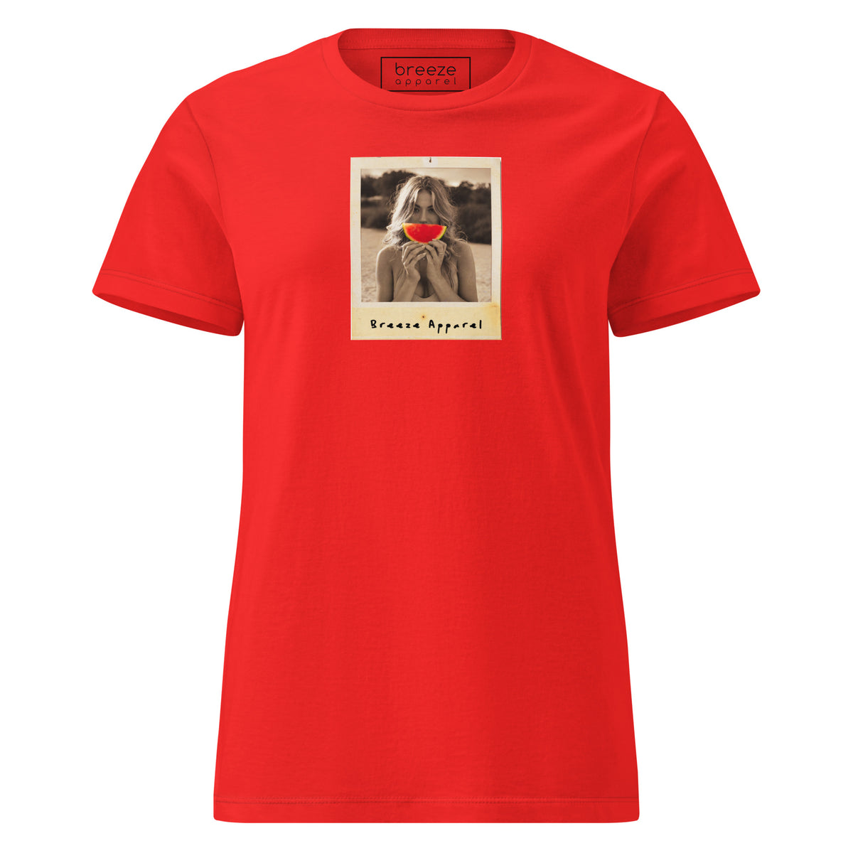 Red t-shirt with graphic of woman holding watermelon slice in front of her mouth.