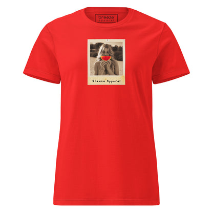 Red t-shirt with graphic of woman holding watermelon slice in front of her mouth.