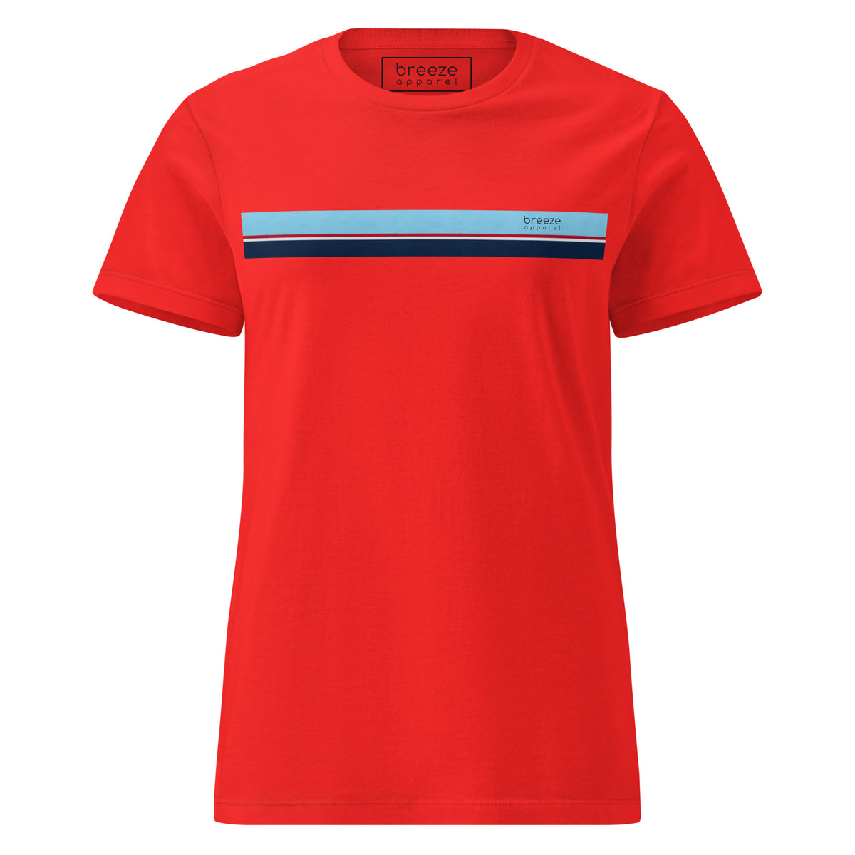 Red t-shirt with stripe that is light blue, red, white, and navy across chest.