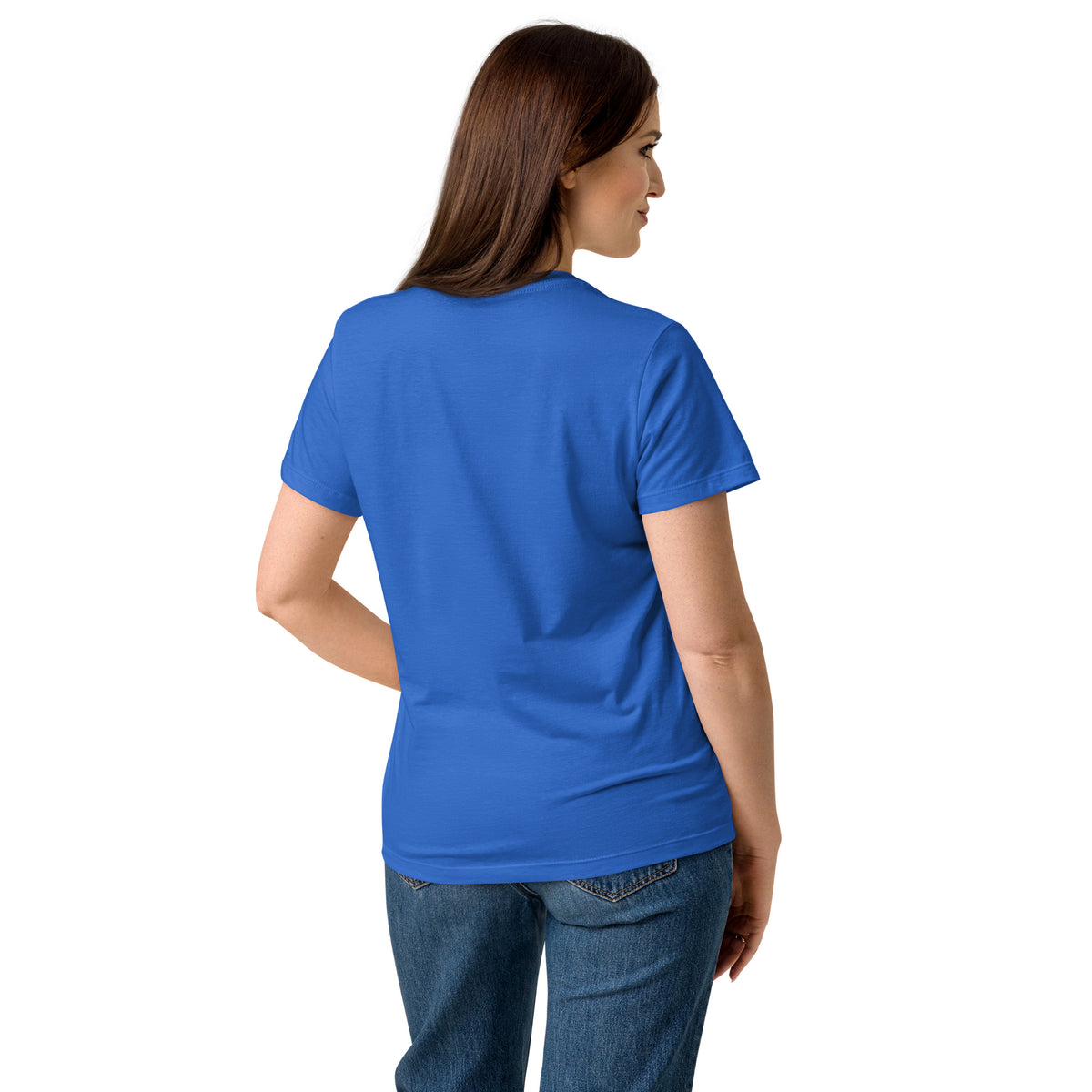 Rear view of woman wearing blue t-shirt.