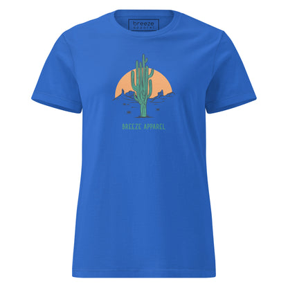 Royal-blue t-shirt with a graphic of a cactus and sunset, with 'Breeze Apparel' written in green below.