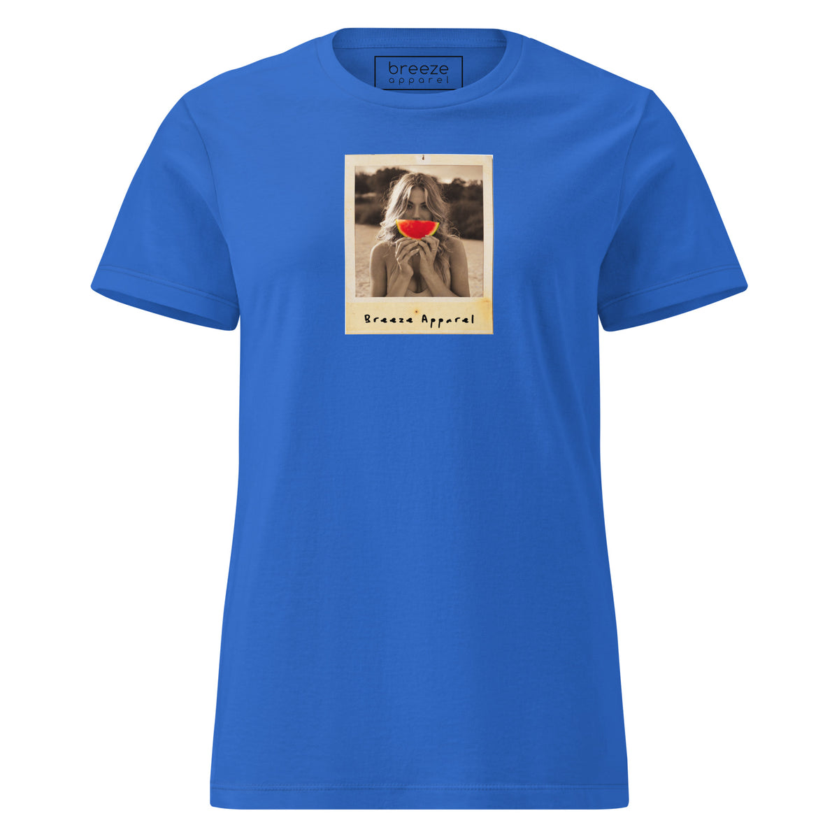 Blue t-shirt with graphic of woman holding watermelon slice in front of her mouth.