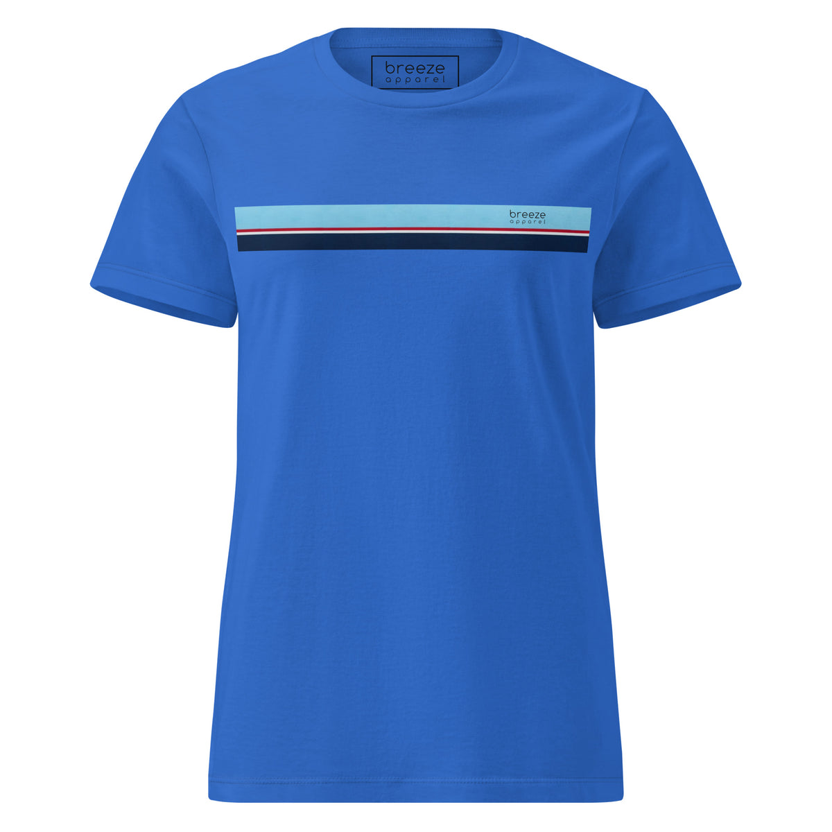 Blue t-shirt with stripe that is light blue, red, white, and navy across chest.