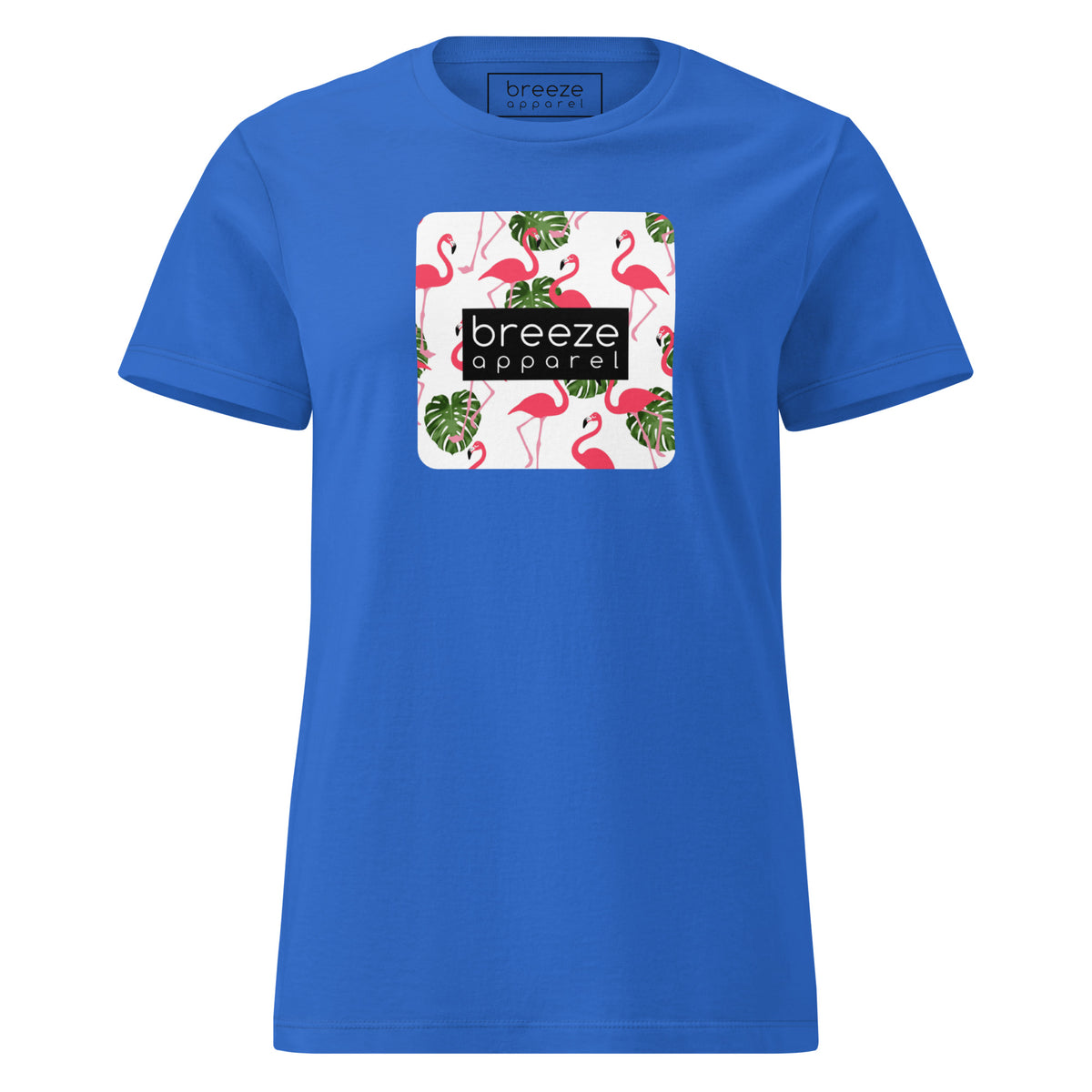 Blue t-shirt with graphic of flamingos overlaid with a black logo.