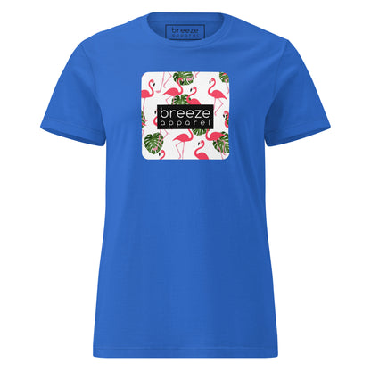 Blue t-shirt with graphic of flamingos overlaid with a black logo.