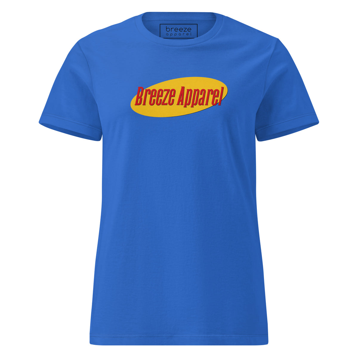 Blue t-shirt with red lettering over yellow oval.