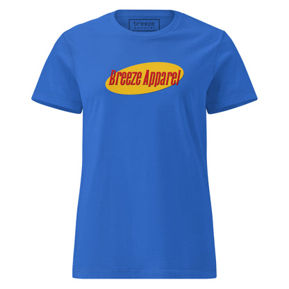 Blue t-shirt with red lettering over yellow oval.