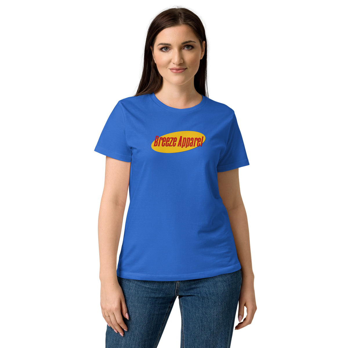 Woman wearing blue t-shirt with red lettering over yellow oval.