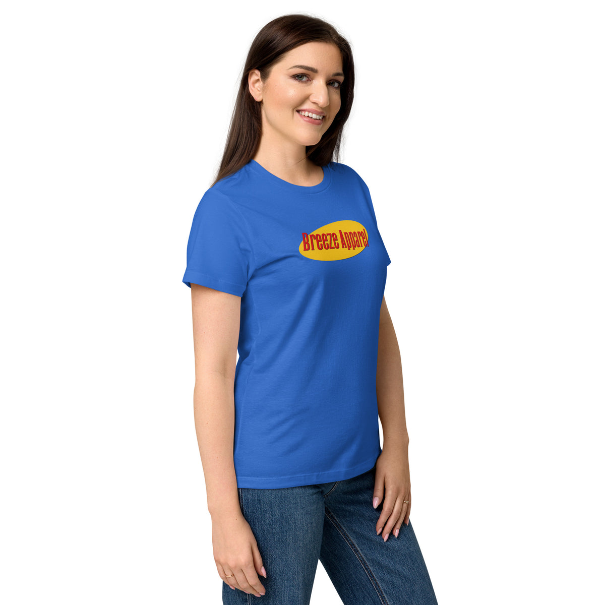 Woman wearing blue t-shirt with red lettering over yellow oval.