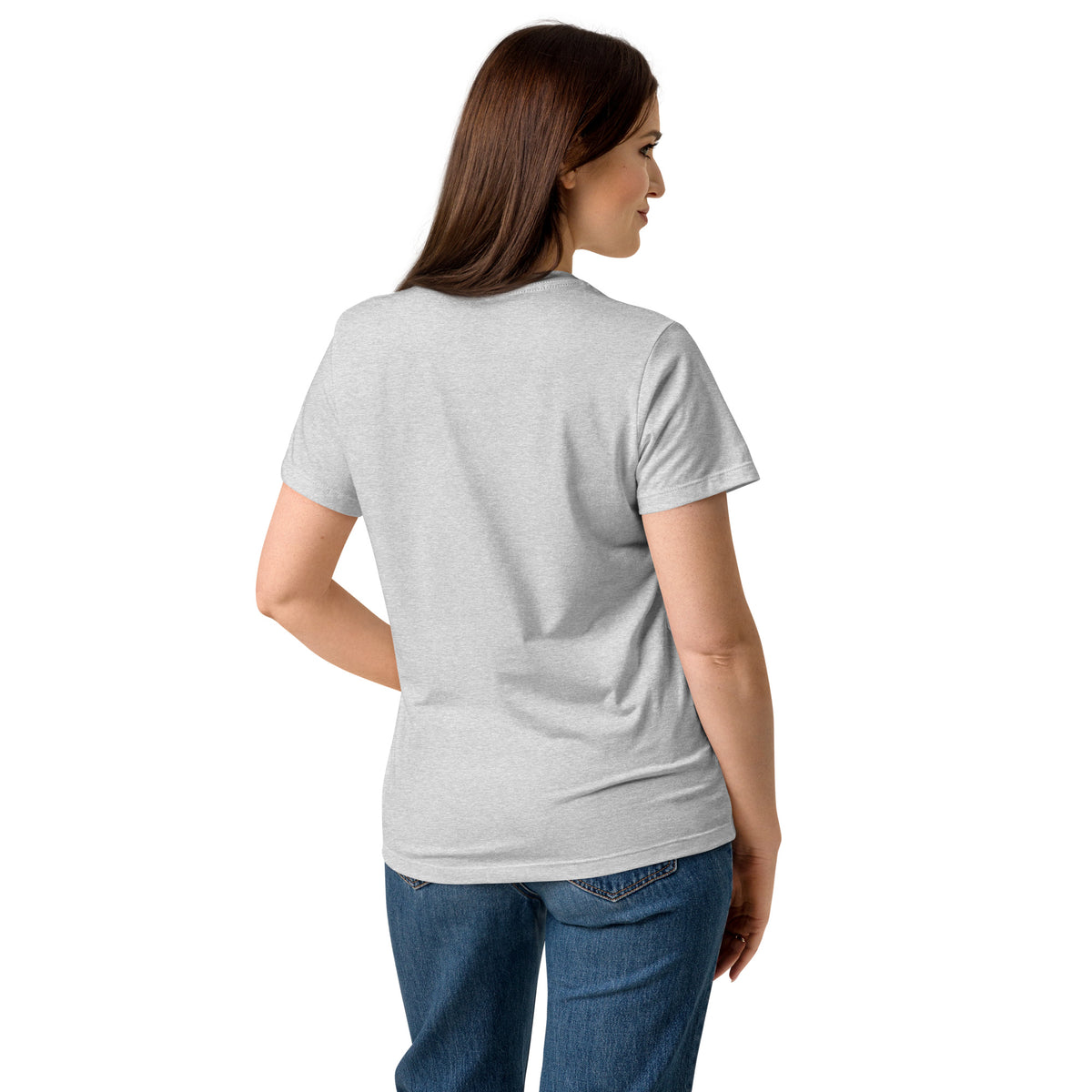 Rear view of woman wearing gray t-shirt.