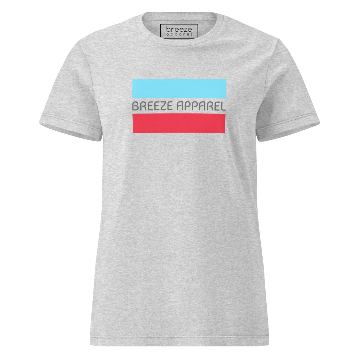 Sport-gray t-shirt with gray 'Breeze Apparel' logo between horizontal bars, the top being light blue and the bottom being red.