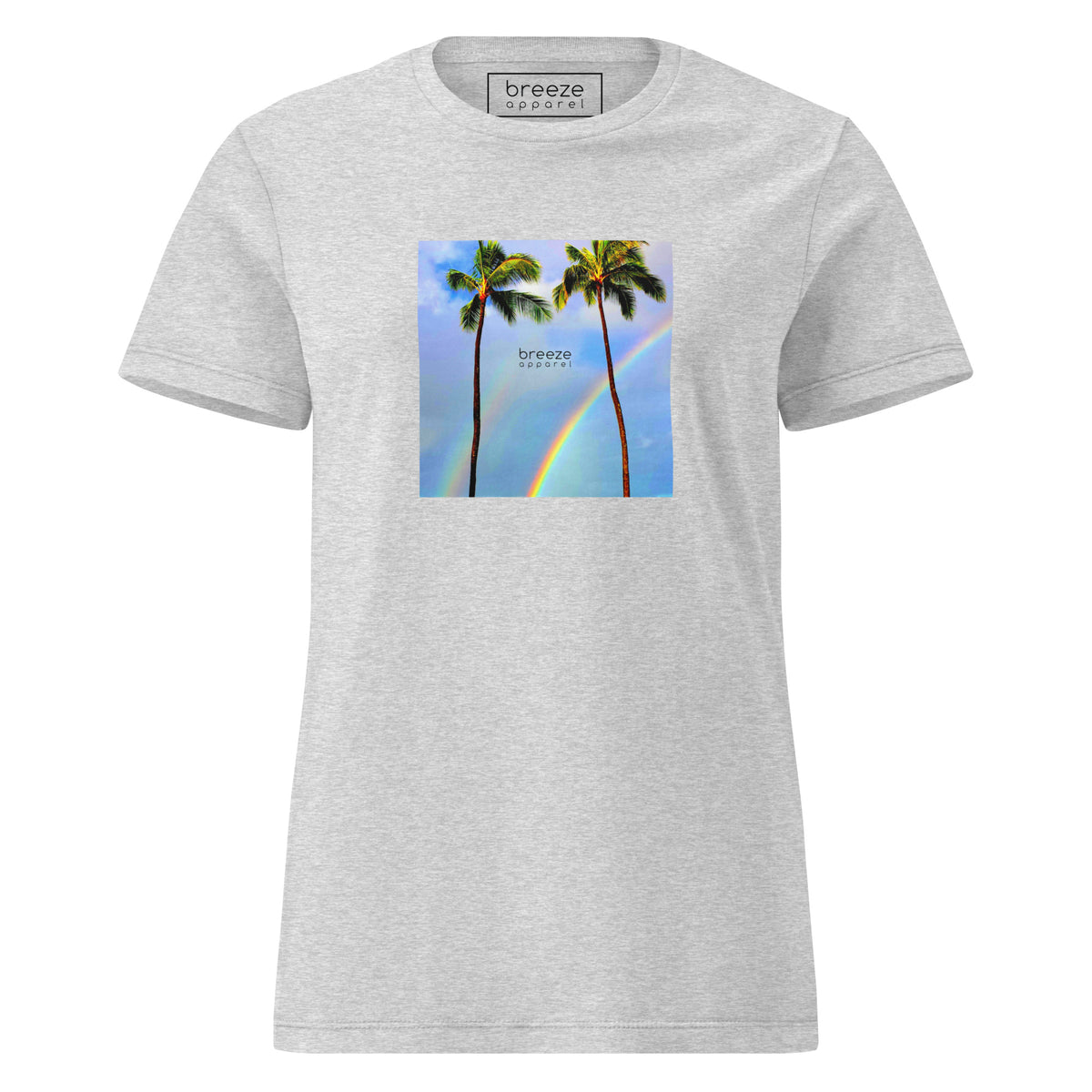 Sport-gray t-shirt with a graphic of palm trees, rainbow, and a clear blue sky in the background. A small, black 'breeze apparel' logo is between the trees. 