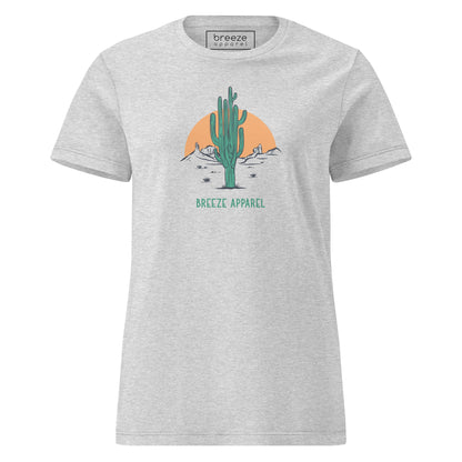Sport-gray t-shirt with a graphic of a cactus and sunset, with 'Breeze Apparel' written in green below.