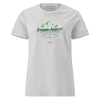 Sport-gray t-shirt with 'Breeze Apparel' logo set on a graphic of a grid, palm trees, and mountains. 