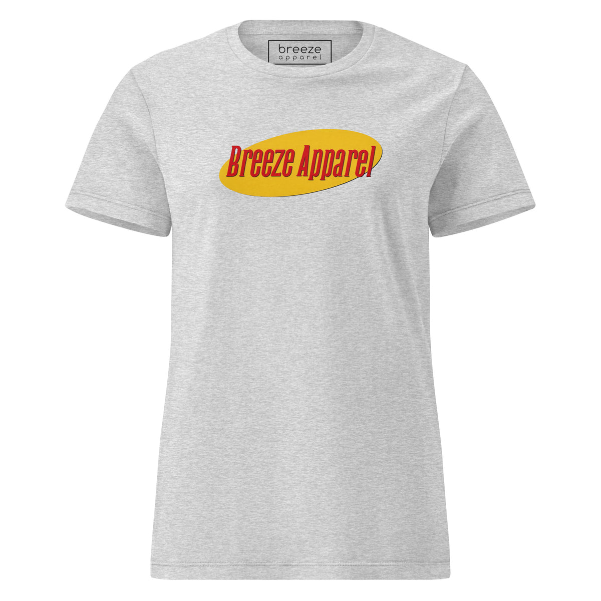 Gray t-shirt with red lettering over yellow oval.