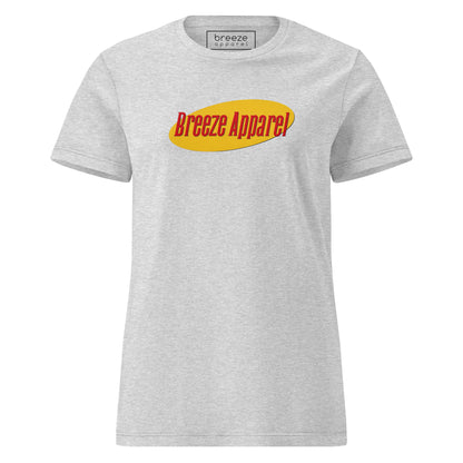 Gray t-shirt with red lettering over yellow oval.