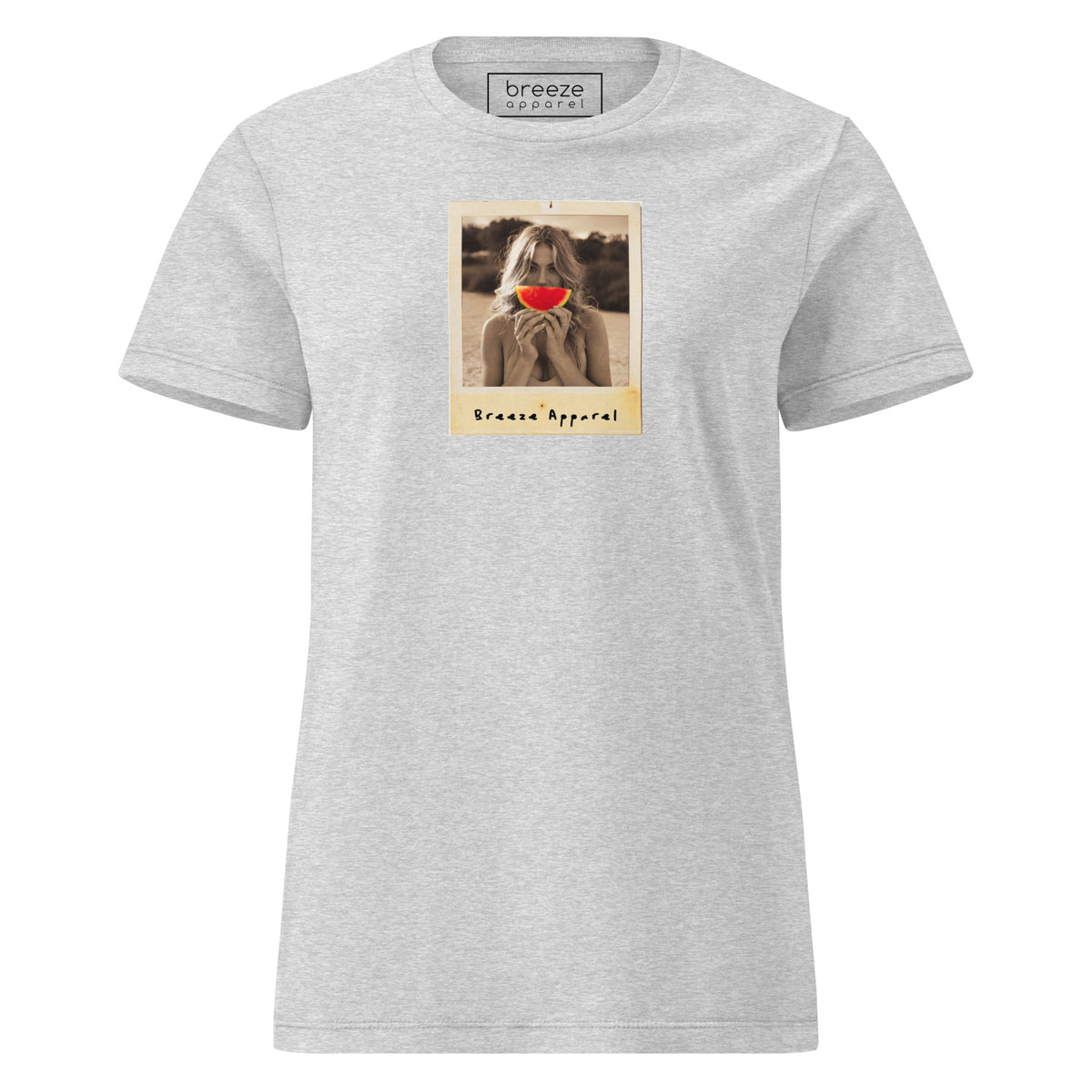 Gray t-shirt with graphic of woman holding watermelon slice in front of her mouth.