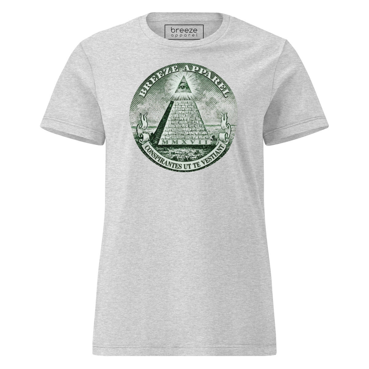 Gray t-shirt with graphic resembling pyramid from US one-dollar bill.