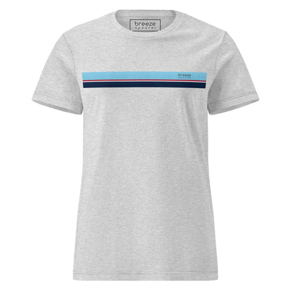 Gray t-shirt with stripe that is light blue, red, white, and navy across chest.