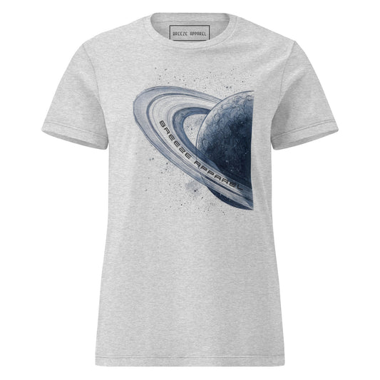 Gray t-shirt with graphic of blue planet.