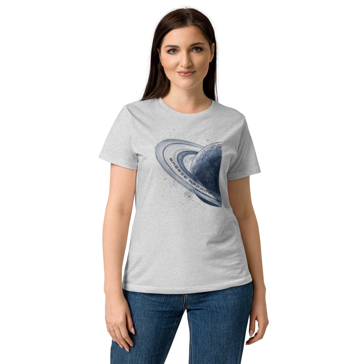 Woman wearing gray t-shirt with graphic of blue planet.
