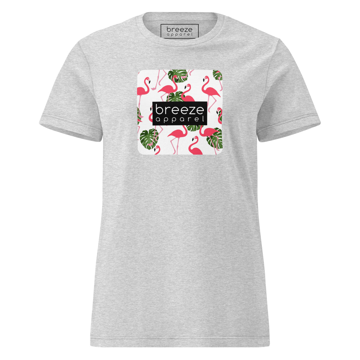 Gray t-shirt with graphic of flamingos overlaid with a black logo.
