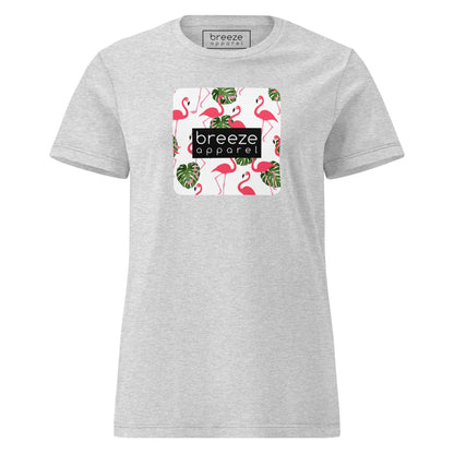 Gray t-shirt with graphic of flamingos overlaid with a black logo.