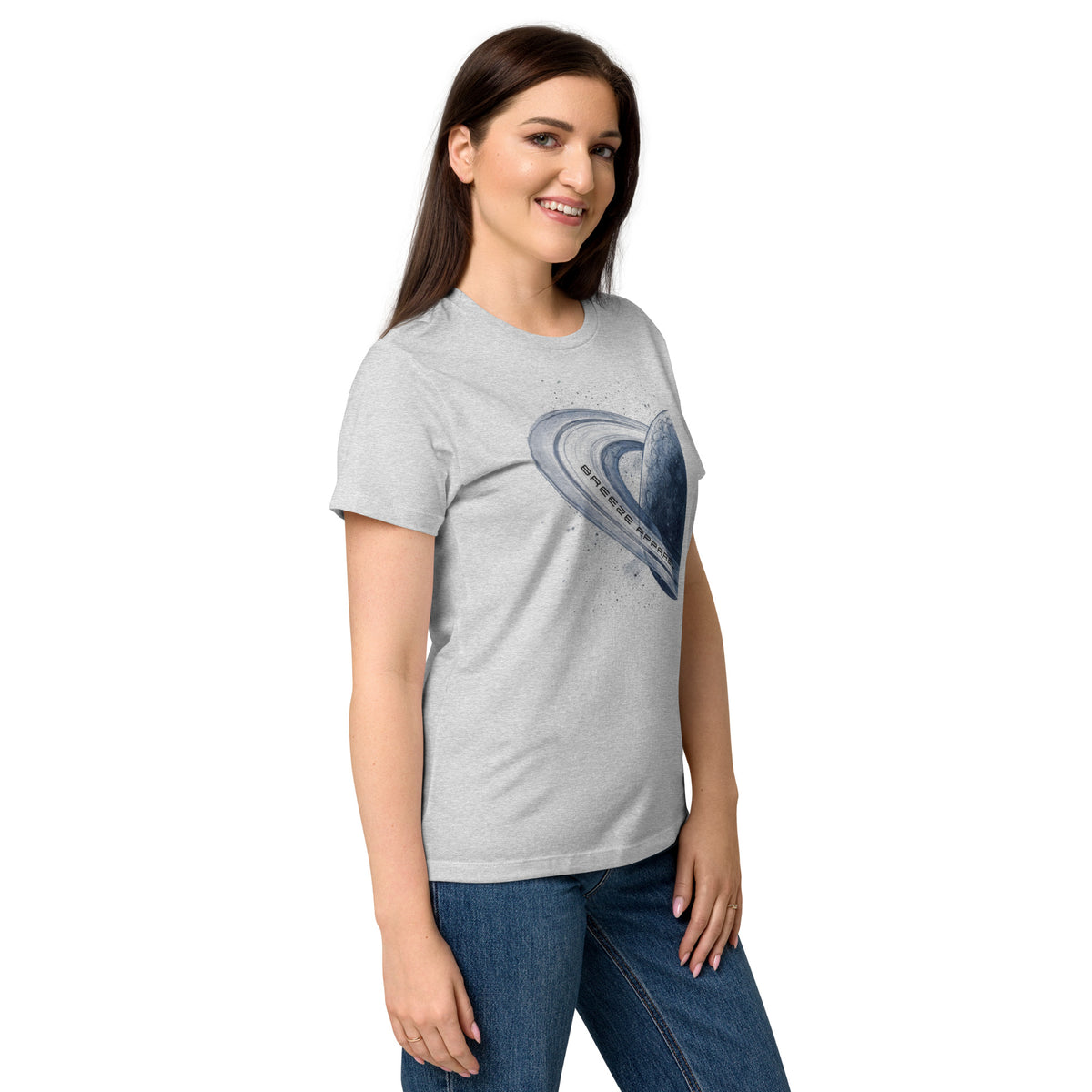 Woman wearing gray t-shirt with graphic of blue planet.