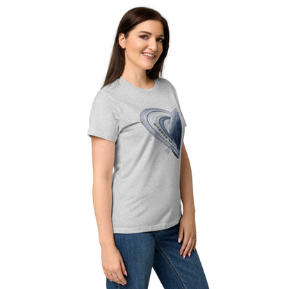 Woman wearing gray t-shirt with graphic of blue planet.